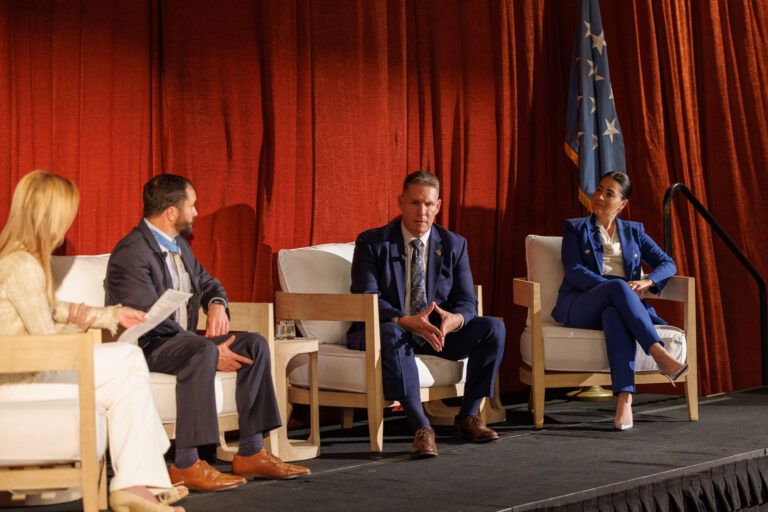 Medal of Honor Values Shine at USC Leadership Panel 1 Panelists Salvatore A. Giunta, Alfred Poirier, and Natalie Samarjian engage in a discussion on values-based leadership.